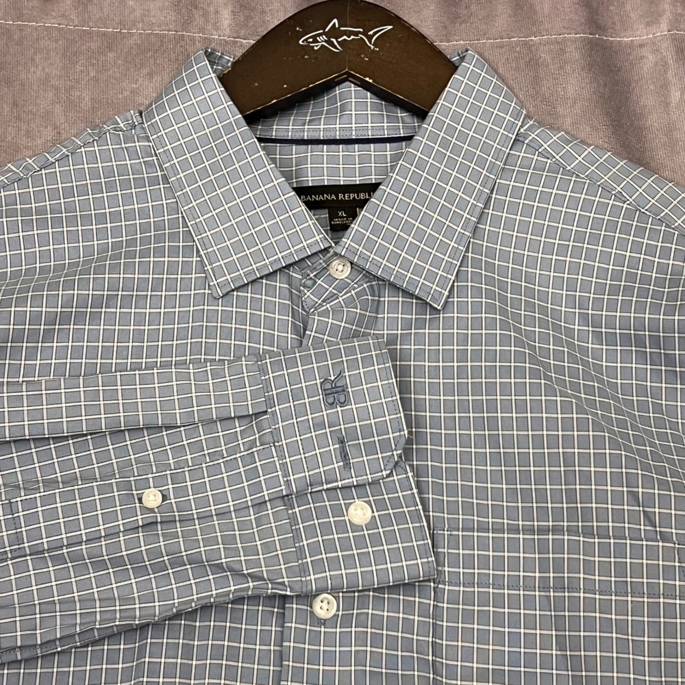 Banana Republic Button Down Mens XL Blue Excellent Grid Long Sleeve Cotton Shirt